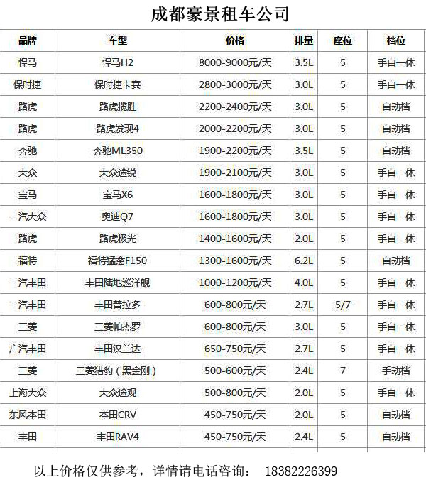 成都租越野車價(jià)格表